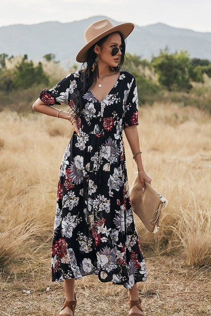 the black v neck floral short sleeve maxi dress The Black V Neck Floral Short Sleeve Maxi Dress