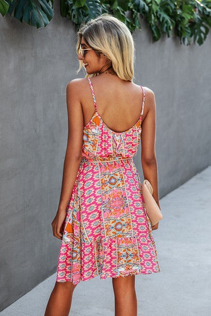Pink Spaghetti Strap Floral Print Dress - Main Image