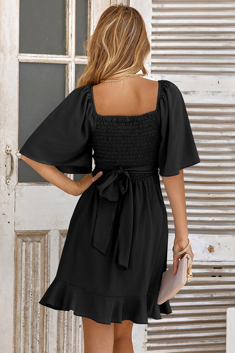 Solid V-Neck Cross Ruffle Wide Sleeve Mini Dress