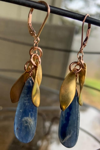Elegant Blue Kyanite Teardrops with Vintage Brass Leaves on Rose Gold Fill