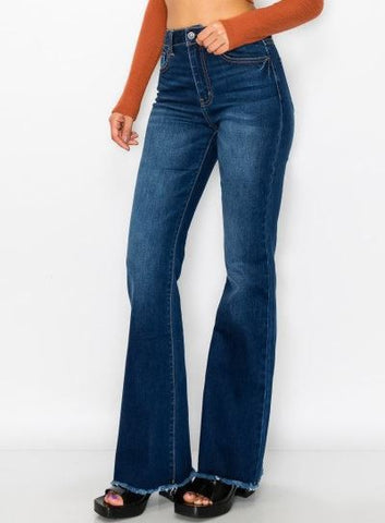 Dark Blue Fray Hem Flare Stretch Jean