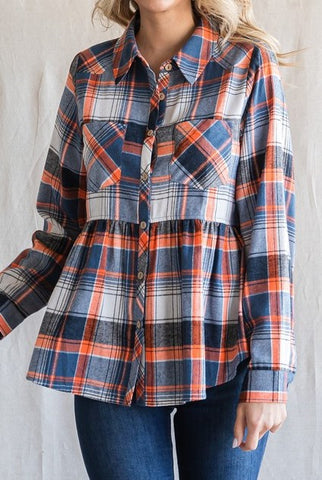 Orange Plaid Print Front Lapel/Babydoll Flannel