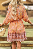 Orange Floral Print V Neck Belt Color Block Button Fit Dress