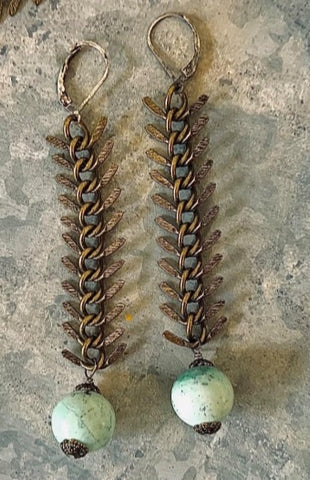 Vintage Brass Chain with Turquoise Earrings