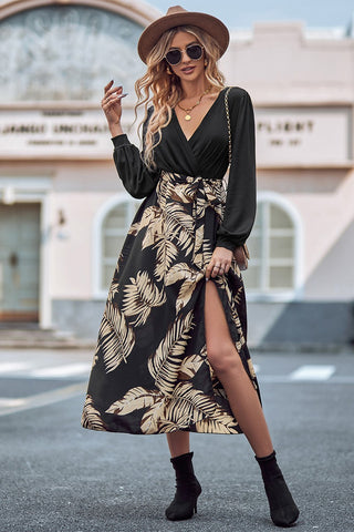 Cross V Neck Tropical Leaf Print Belted Dress