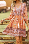 Orange Floral Print V Neck Belt Color Block Button Fit Dress