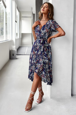 V-Neck Short Sleeve Floral Detail Dress