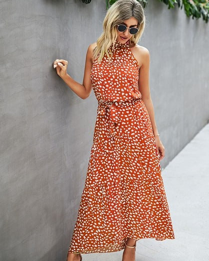 Rust Halter Neck Flower Print Maxi Dress