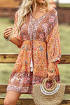 Orange Floral Print V Neck Belt Color Block Button Fit Dress