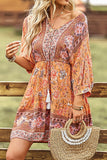 Orange Floral Print V Neck Belt Color Block Button Fit Dress