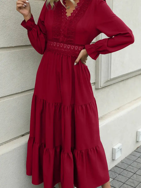 Red Lace Tiered V Neck Dress Red Lace Tiered V Neck Dress
