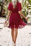 Wine Ruched Solid Knot Belt Hem Ruffle Fit Dress