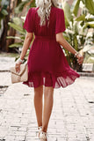 Wine Ruched Solid Knot Belt Hem Ruffle Fit Dress