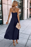 Navy Solid Sleeveless Cutout Fit Deep V- Neck Dress