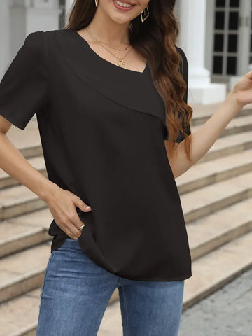 S Black Solid Asymmetric Neck T-Shirt