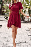 Wine Ruched Solid Knot Belt Hem Ruffle Fit Dress