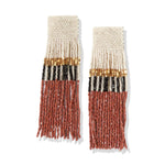 Belle Color Block with Stripes Beaded Fringe Earrings Rust