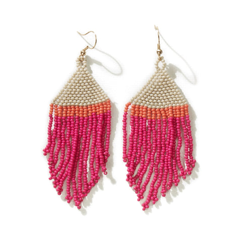 Erin Color Block Stripe Beaded Fringe Earrings Hot Pink