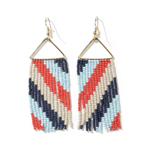 Whitney Diagonal Stripe Beaded Fringe Earrings Blue and Red