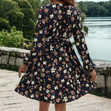 Navy Blossom Belted Dress