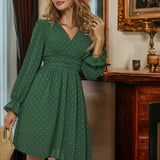 Emerald V-Neck Dress with Dot Details