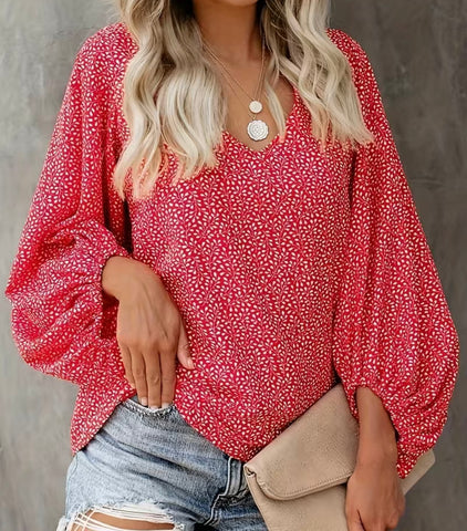 Red Floral Lantern Sleeve Blouse