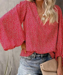 Red Floral Lantern Sleeve Blouse