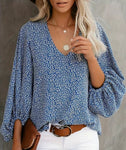 Blue Floral Lantern Sleeve Blouse