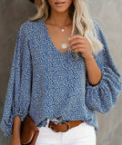Blue Floral Lantern Sleeve Blouse