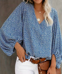 Blue Floral Lantern Sleeve Blouse