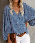 Blue Floral Lantern Sleeve Blouse