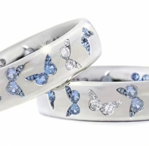 Exquisite Butterfly Inlaid Blue and Clear Rings