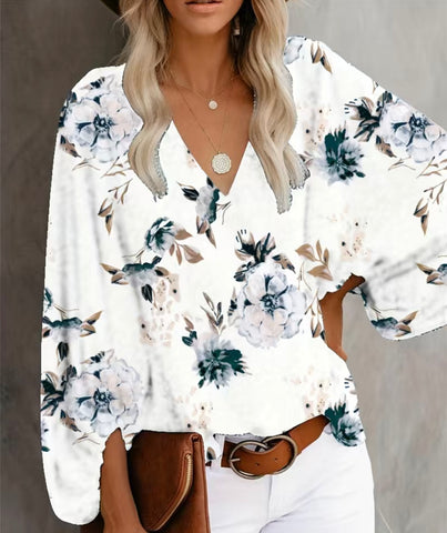 White Floral Long Sleeve Blouse