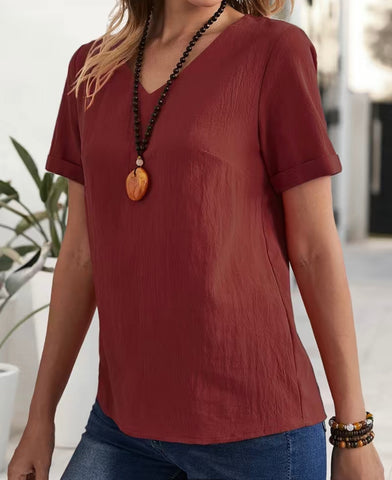 Burgundy Solid Casual Short Sleeve