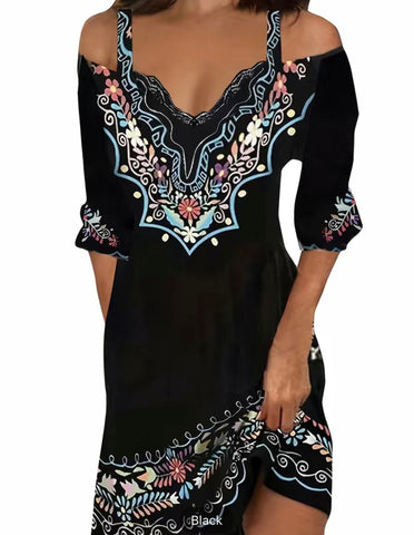 Boho V Neck Off The Shoulder Dress