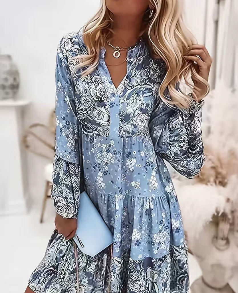 Light Blue Daisy Floral Print Casual Long Sleeve Dress Light Blue Daisy Floral Print Casual Long Sleeve Dress