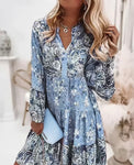 Light Blue Daisy Floral Print Casual Long Sleeve Dress