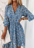 Blue Floral V-Neck 3/4 Sleeve Dress