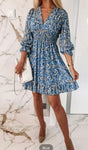 Blue Floral V-Neck 3/4 Sleeve Dress