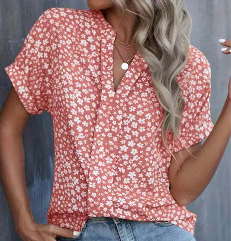 Pink Floral V-Neck Blouse