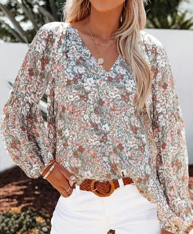 Sage Flutter Sleeve Floral Print Blouse