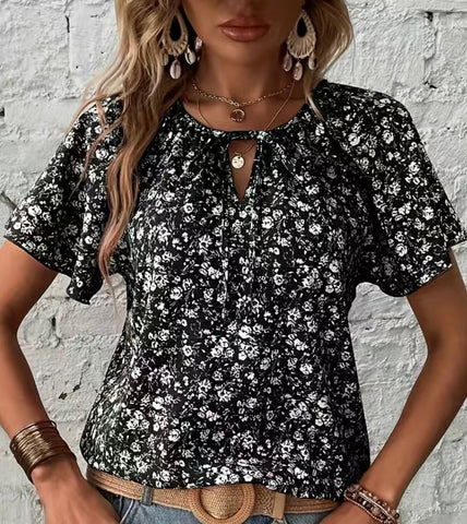 Black Ditsy Floral Print Blouse