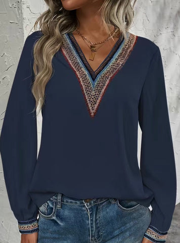 Navy Blouse with Rainbow V-Neck and Cuffs