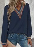 Navy Blouse with Rainbow V-Neck and Cuffs