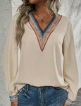 Cream Blouse with Rainbow V-Neck and Cuffs