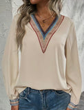 Cream Blouse with Rainbow V-Neck and Cuffs