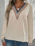 Cream Blouse with Rainbow V-Neck and Cuffs