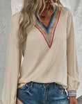 Cream Blouse with Rainbow V-Neck and Cuffs
