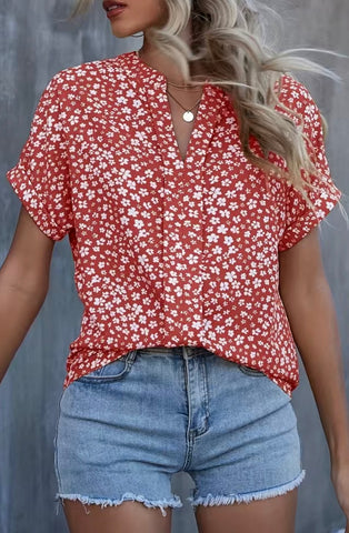 Red Floral V-Neck Blouse