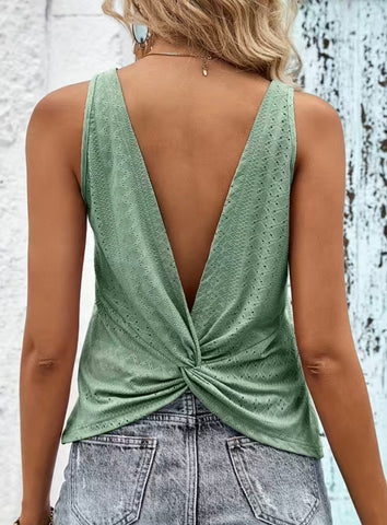 Green Eyelet Embroidered Back Twist Tank Top